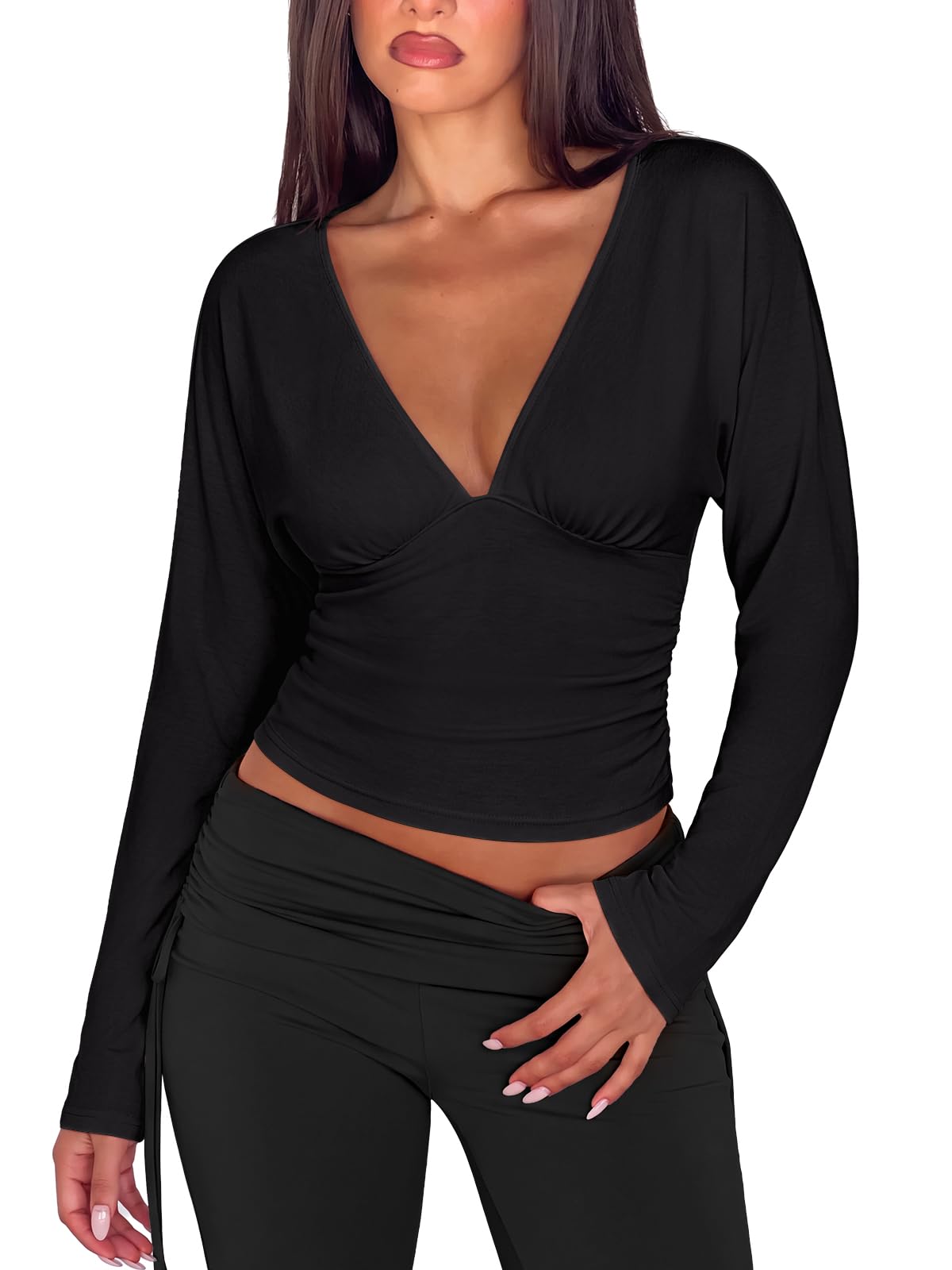 V Neck Ruched Batwing Sleeve Slim Fit Top