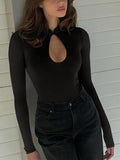 Keyhole Charm Long Sleeve Cut-Out Bodysuit - REORIA