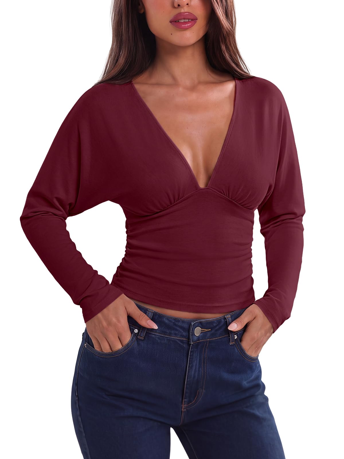 V Neck Ruched Batwing Sleeve Slim Fit Top