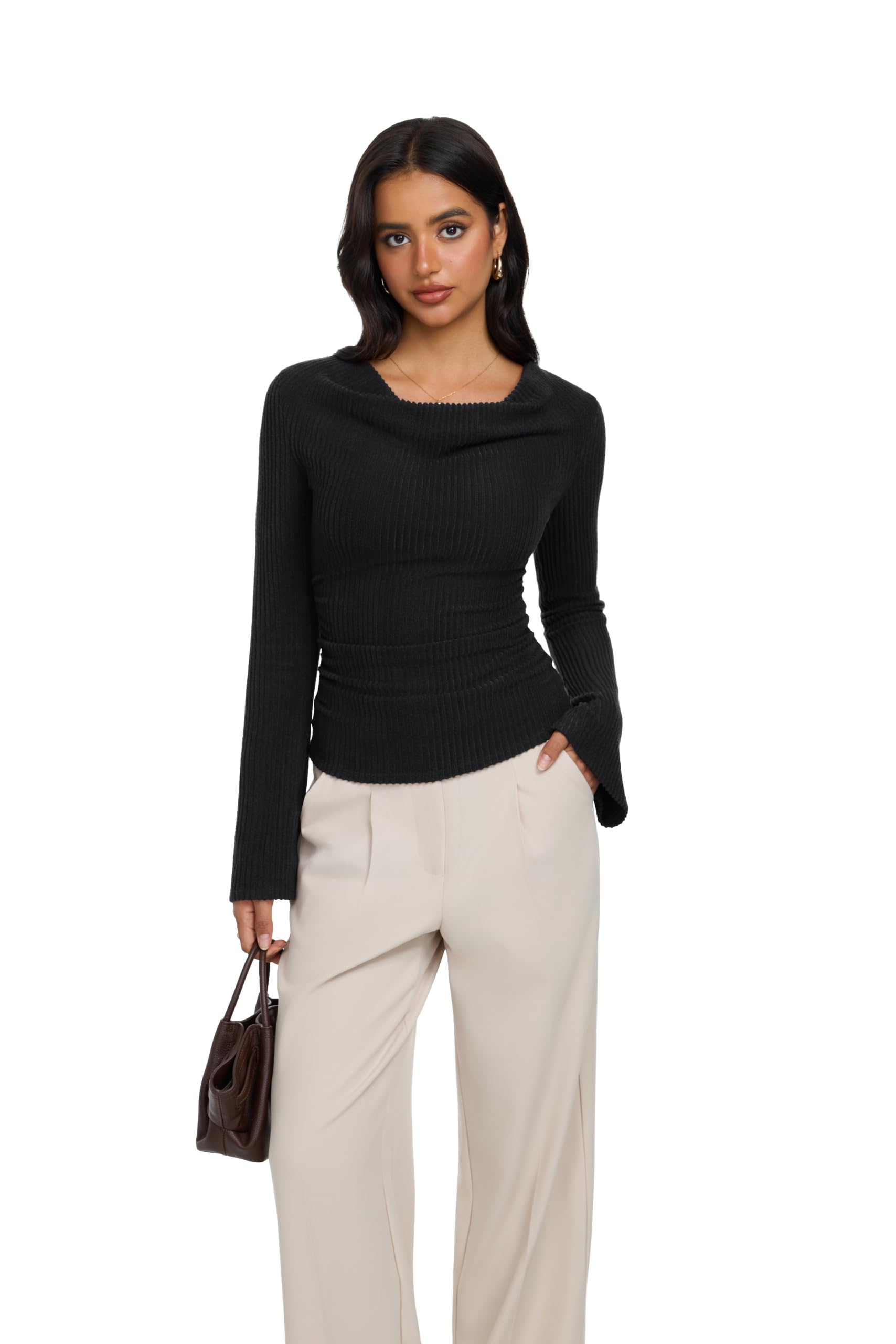 Cowl Neck Ribbed Knit Bell Sleeve Top