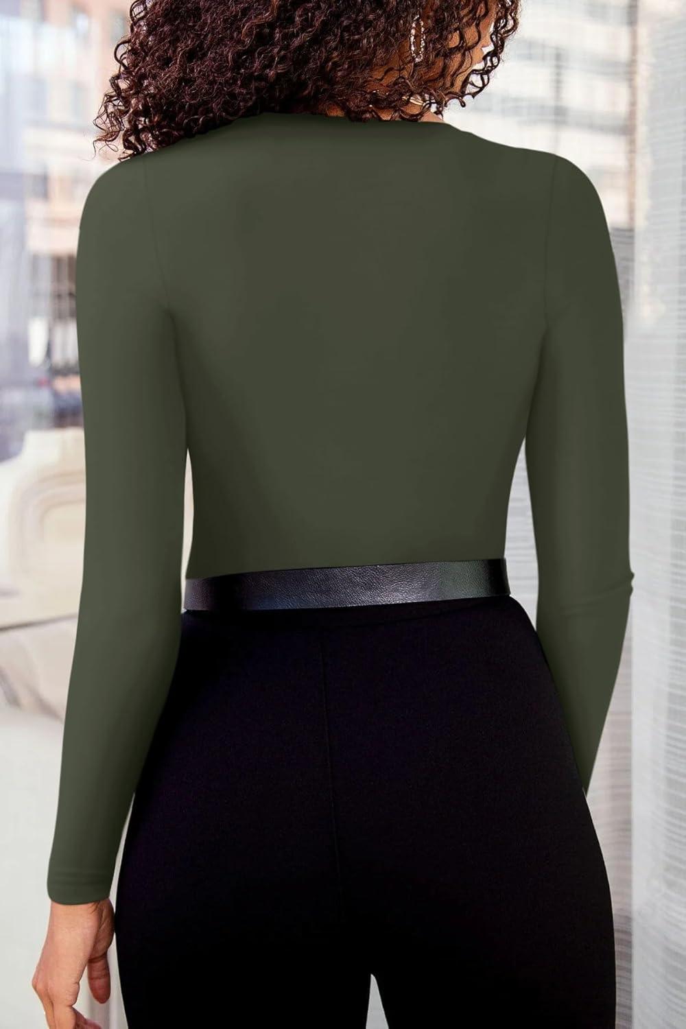 Trendy Sexy Plunge Deep V Neck Long Sleeve Bodysuit Double Lined Going Out Tops - REORIA