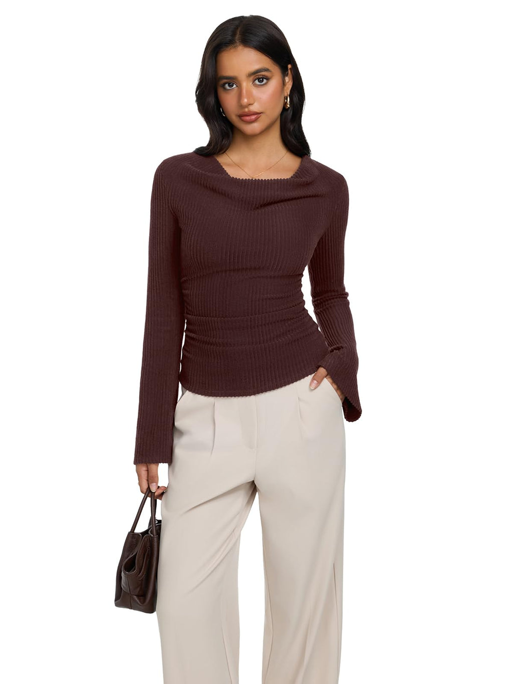 Cowl Neck Ribbed Knit Bell Sleeve Top