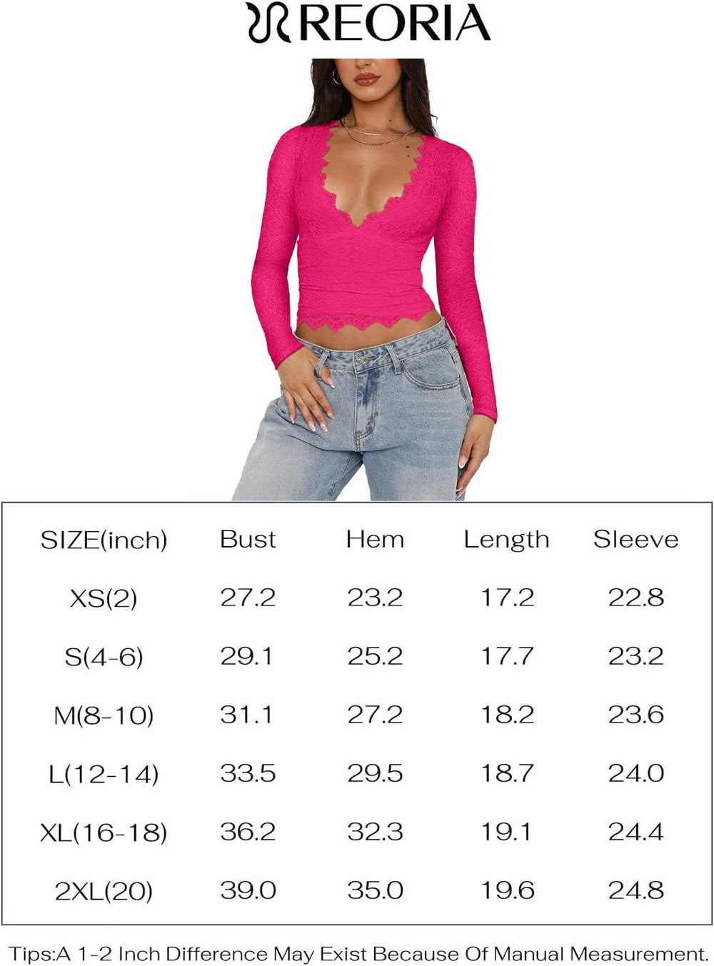 V-Neck Long Sleeve Shirts Trendy Lace Y2K Going Out Crop Top - REORIA