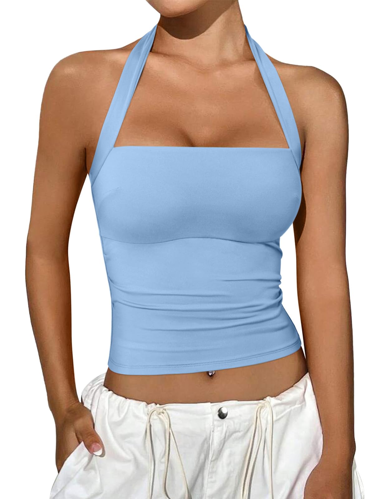 REORIA Halter Tops for Women Summer Sleeveless Going Out Outfits Y2K Trendy Cute Crop Tank Top Clothes