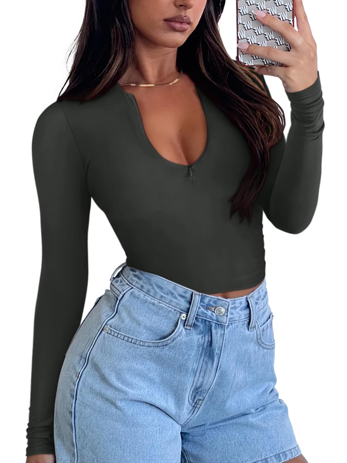 Quarter Zip V Neck Long Sleeve Cropped Top