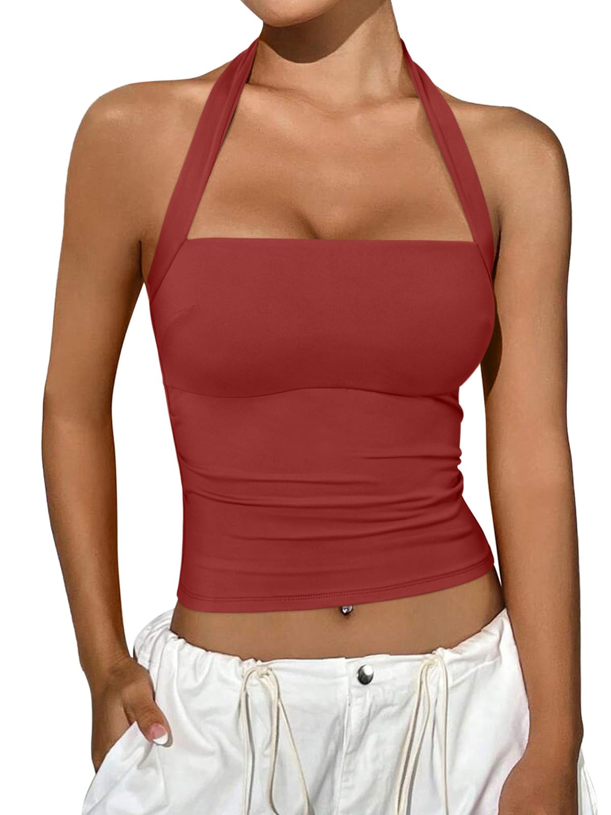 REORIA Halter Tops for Women Summer Sleeveless Going Out Outfits Y2K Trendy Cute Crop Tank Top Clothes