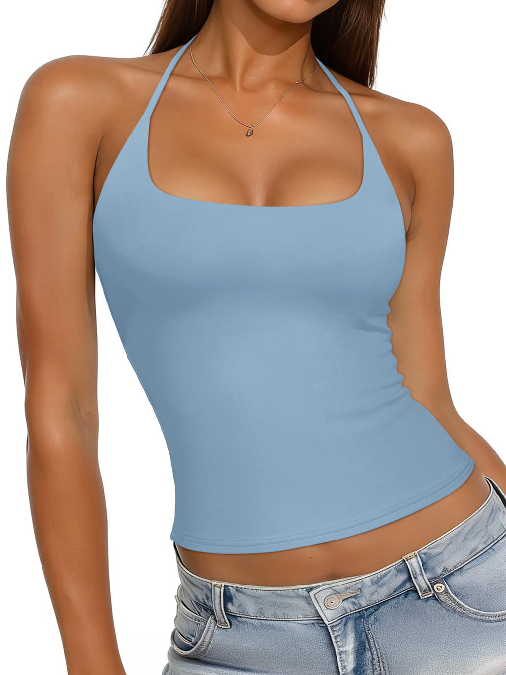 REORIA Womens Sexy Halter Backless Tank Tops Basic Double Lined Camisole Crop Tops Y2K Trendy Sleeveless Shirts Going Out Top