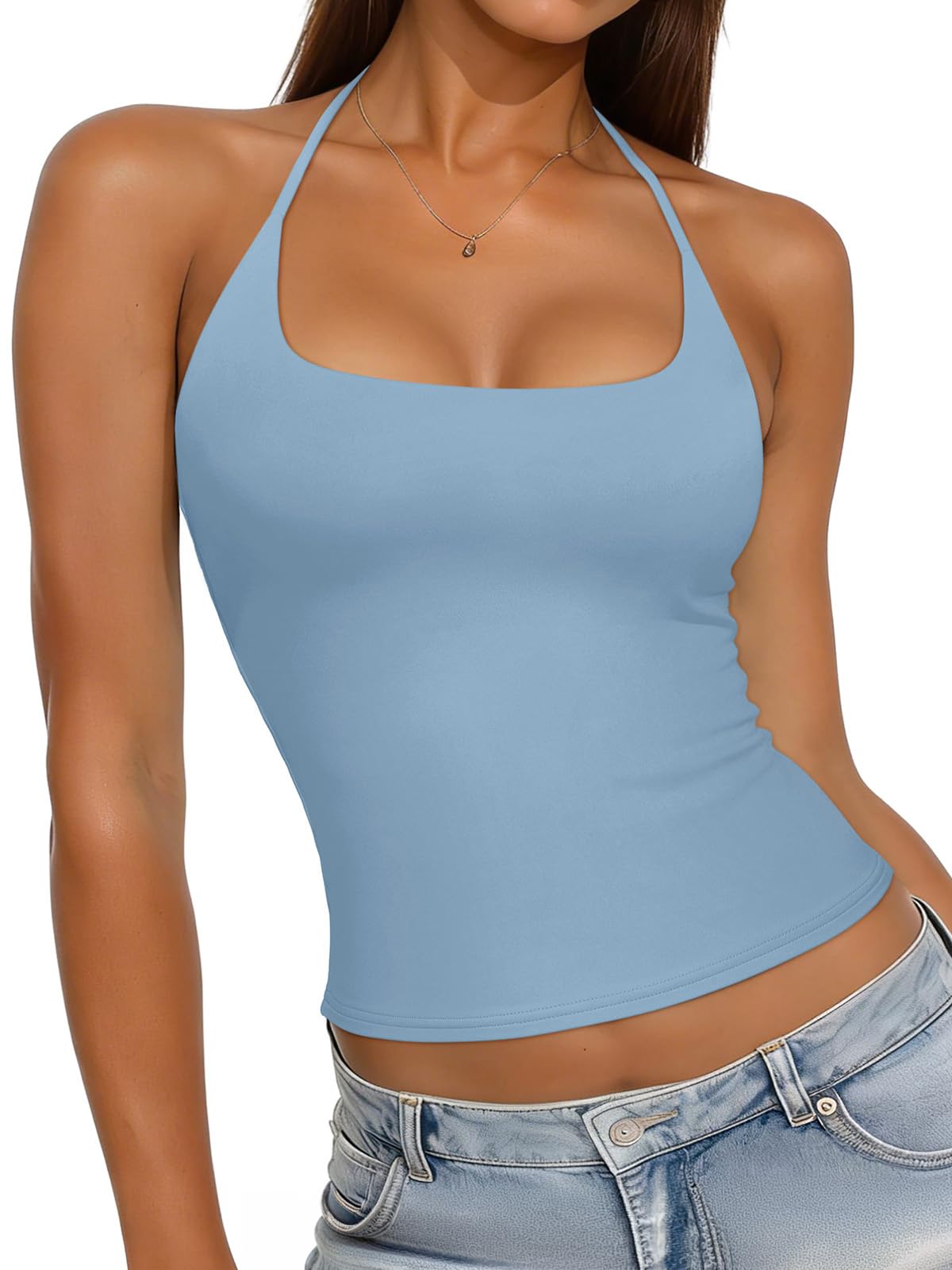 REORIA Womens Sexy Halter Backless Tank Tops Basic Double Lined Camisole Crop Tops Y2K Trendy Sleeveless Shirts Going Out Top