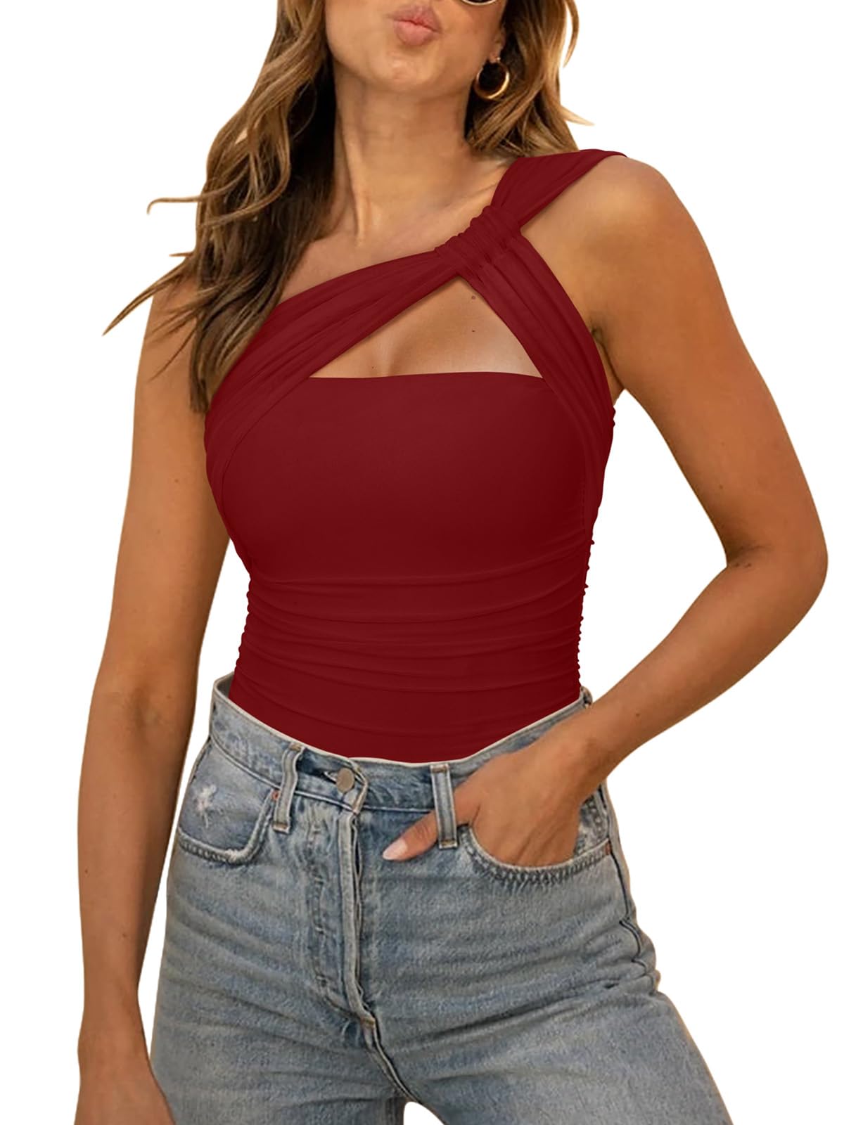 REORIA Womens Sexy One Shoulder Asymmetrical Leopard Print Mesh Ruched Backless Going Out Bodysuits Tops