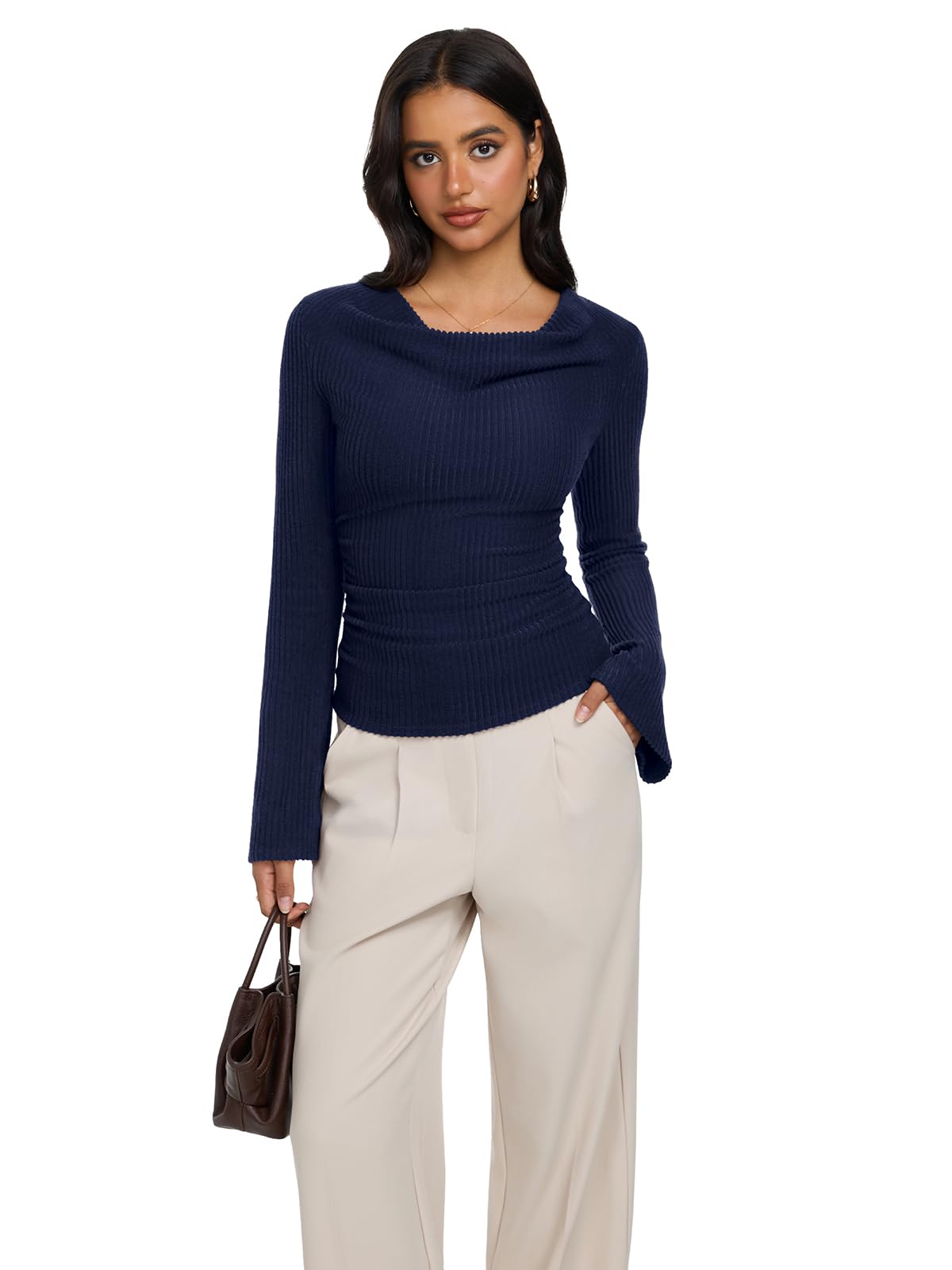 Cowl Neck Ribbed Knit Bell Sleeve Top