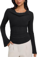 Cowl Neck Ribbed Knit Bell Sleeve Top
