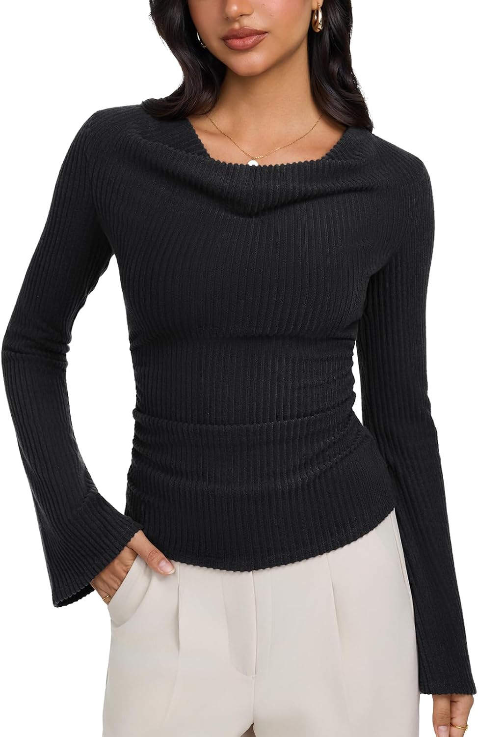 Cowl Neck Ribbed Knit Bell Sleeve Top