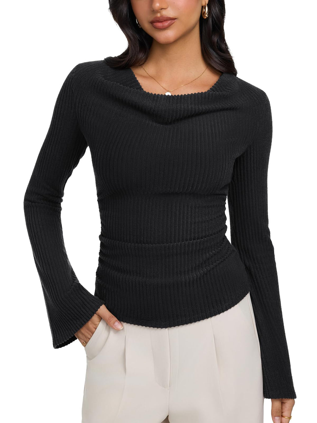 Cowl Neck Ribbed Knit Bell Sleeve Top