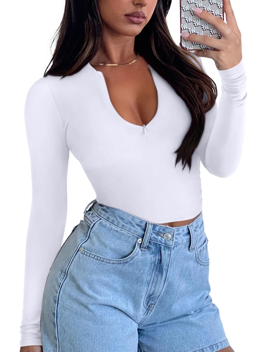 Quarter Zip V Neck Long Sleeve Cropped Top