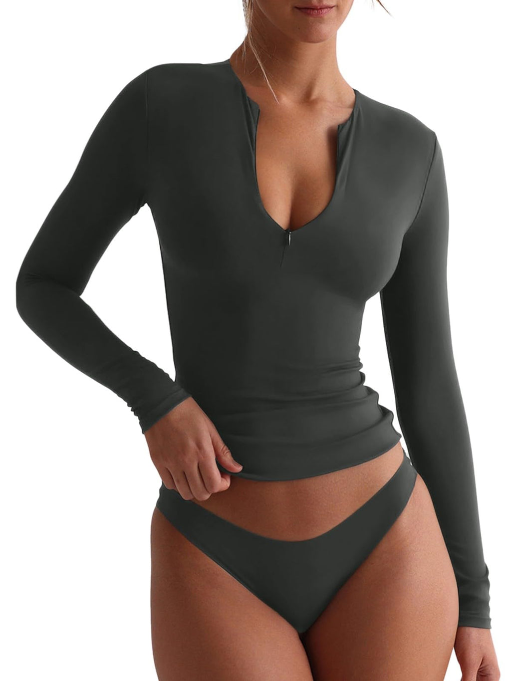 Quarter Zip V Neck Long Sleeve Cropped Top