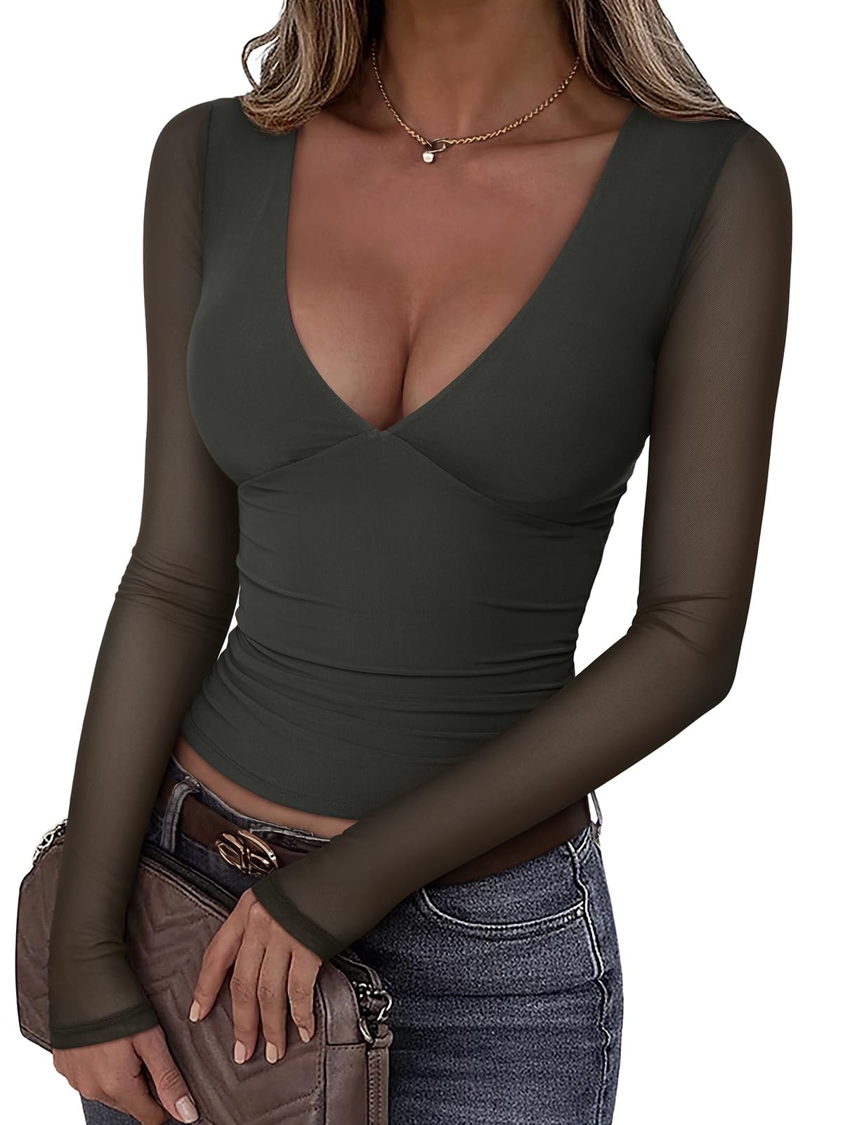 REORIA Women's Fall Long Sleeve Sheer Mesh Tops V Neck Slim Fit Ruched Shirts Casual Basic Top 2026 Trendy Clothes