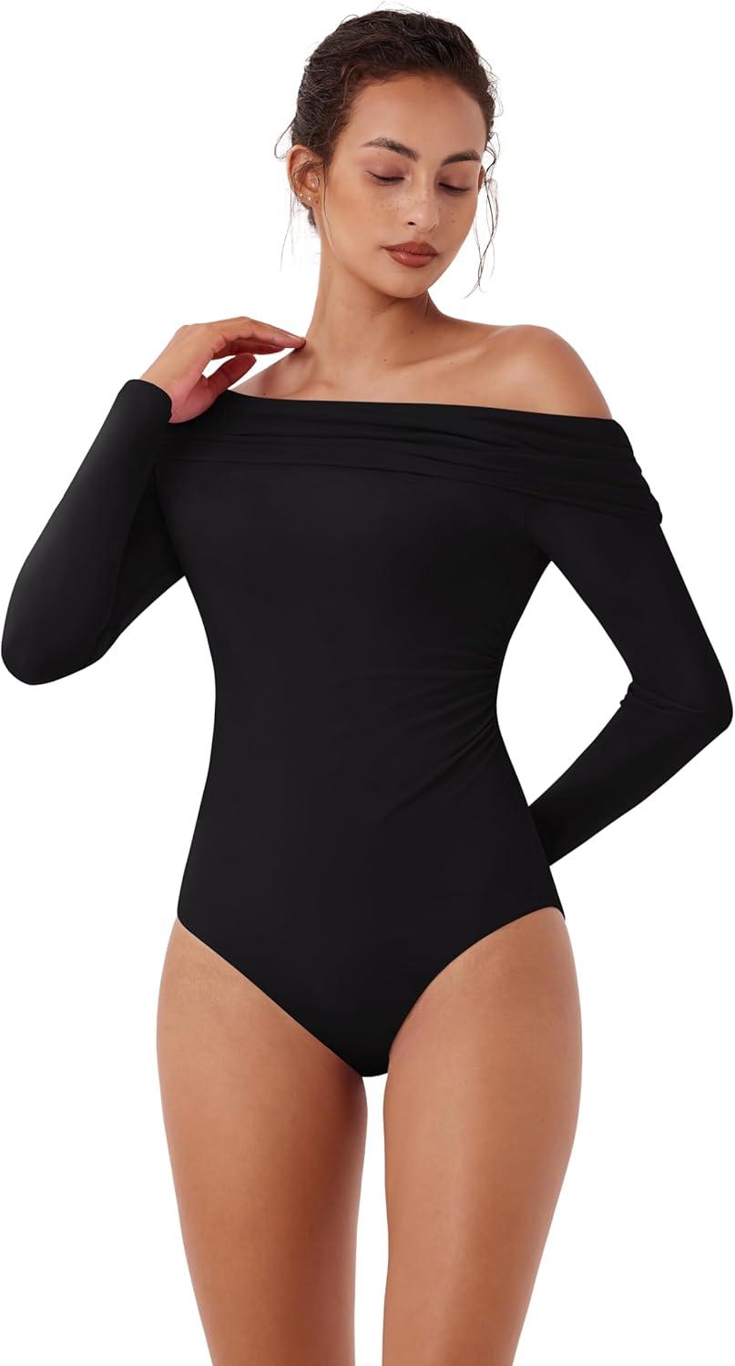 Single Off-Shoulder Bodysuit Double Layer Ruching Sexy Elegant Tops - REORIA
