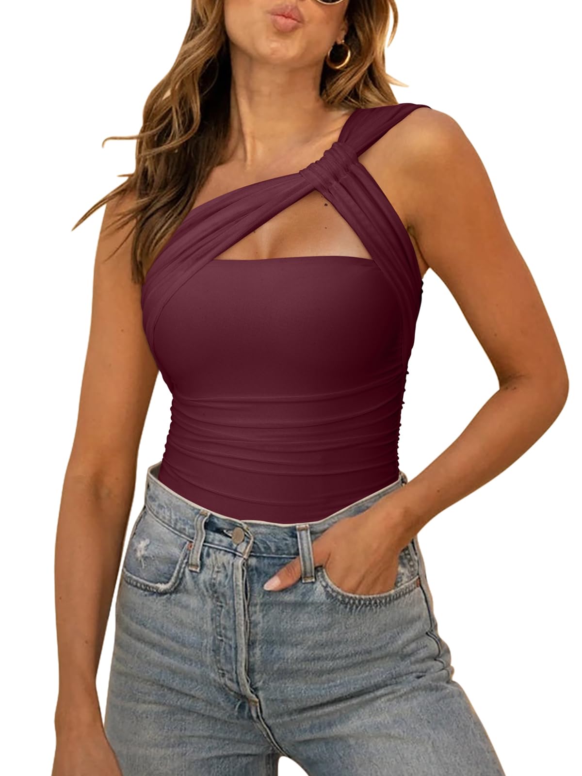 REORIA Womens Sexy One Shoulder Asymmetrical Leopard Print Mesh Ruched Backless Going Out Bodysuits Tops