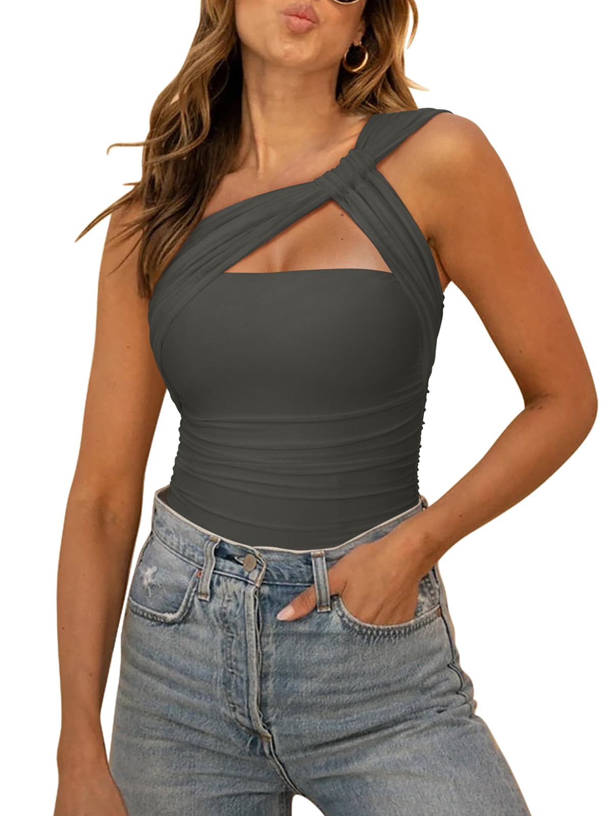 REORIA Womens Sexy One Shoulder Asymmetrical Leopard Print Mesh Ruched Backless Going Out Bodysuits Tops