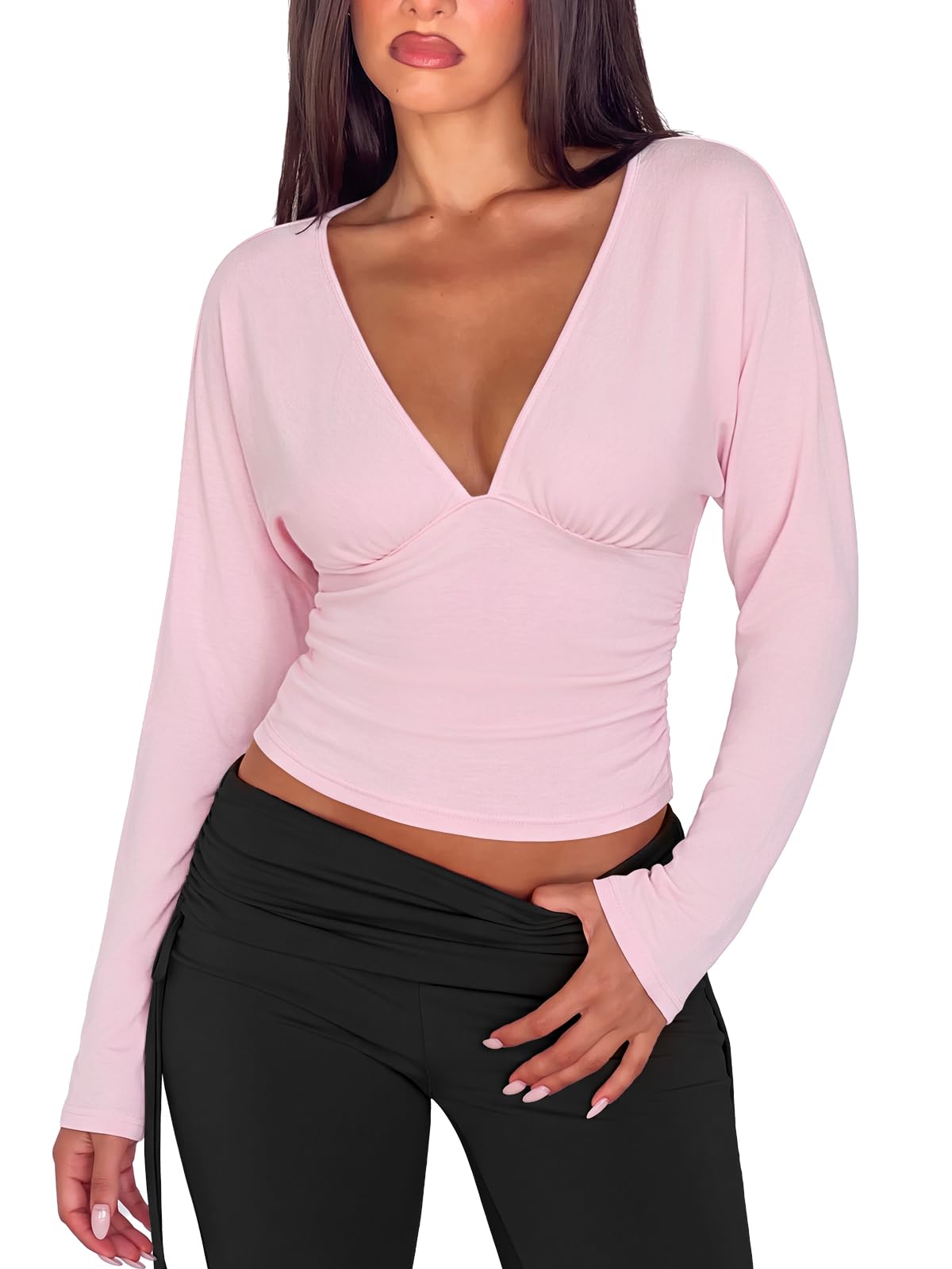 V Neck Ruched Batwing Sleeve Slim Fit Top