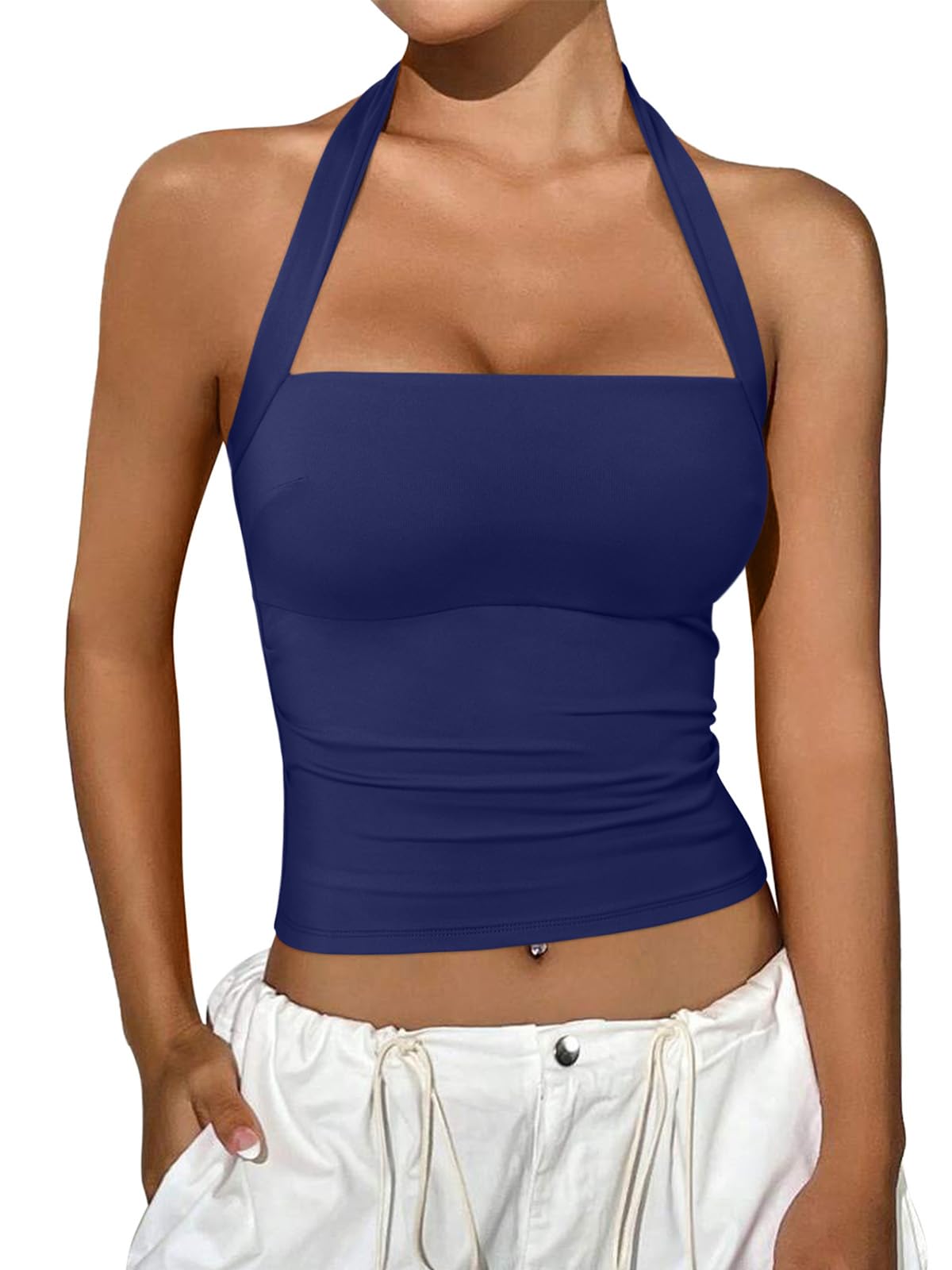 REORIA Halter Tops for Women Summer Sleeveless Going Out Outfits Y2K Trendy Cute Crop Tank Top Clothes
