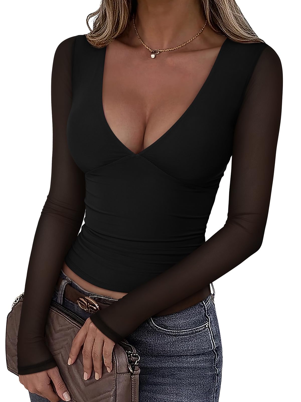 REORIA Women's Fall Long Sleeve Sheer Mesh Tops V Neck Slim Fit Ruched Shirts Casual Basic Top 2026 Trendy Clothes
