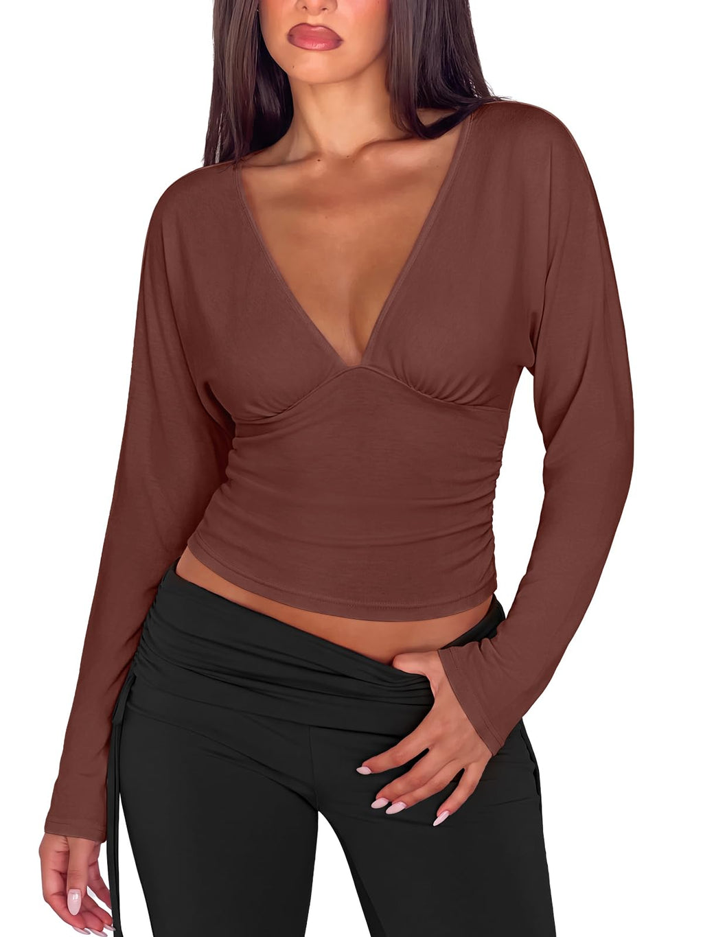 V Neck Ruched Batwing Sleeve Slim Fit Top