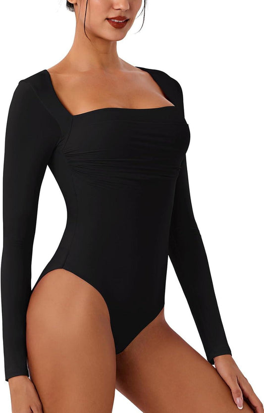 Sculpted Allure Long Sleeve Square Neck Bodysuit - REORIA