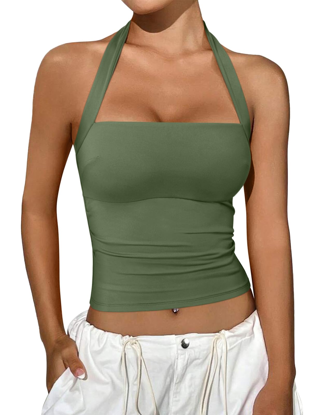 REORIA Halter Tops for Women Summer Sleeveless Going Out Outfits Y2K Trendy Cute Crop Tank Top Clothes