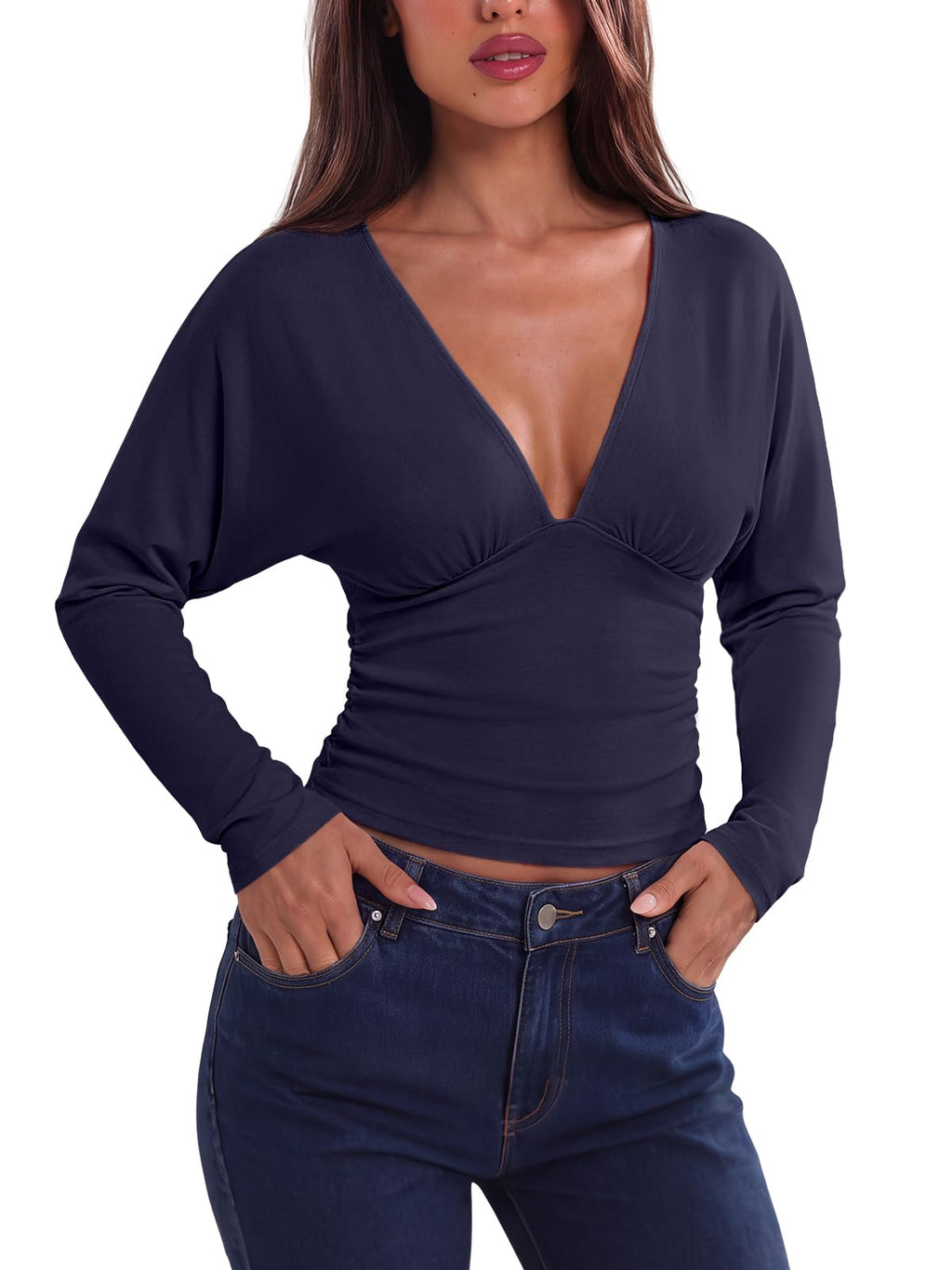 V Neck Ruched Batwing Sleeve Slim Fit Top