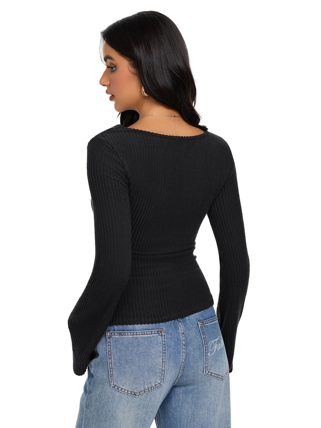 Cowl Neck Ribbed Knit Bell Sleeve Top