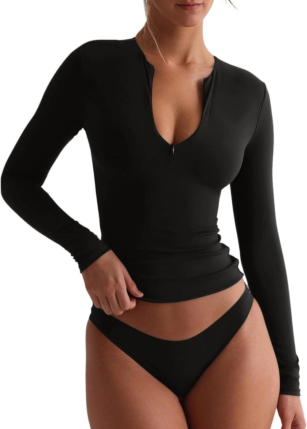 Quarter Zip Sexy V Neck Long Sleeve Cropped Top - REORIA