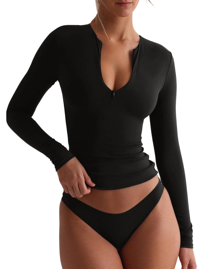 Quarter Zip Sexy V Neck Long Sleeve Cropped Top – REORIA