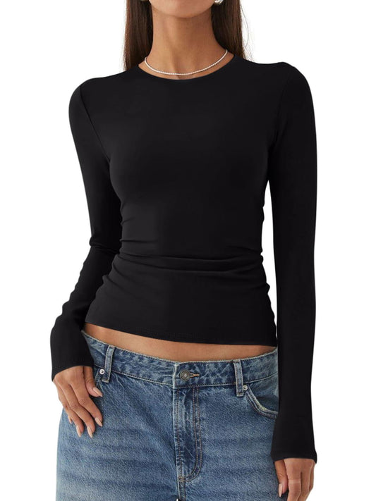 Long Sleeve Crew Neck Layering Basic Tee Going Out Tops - REORIA