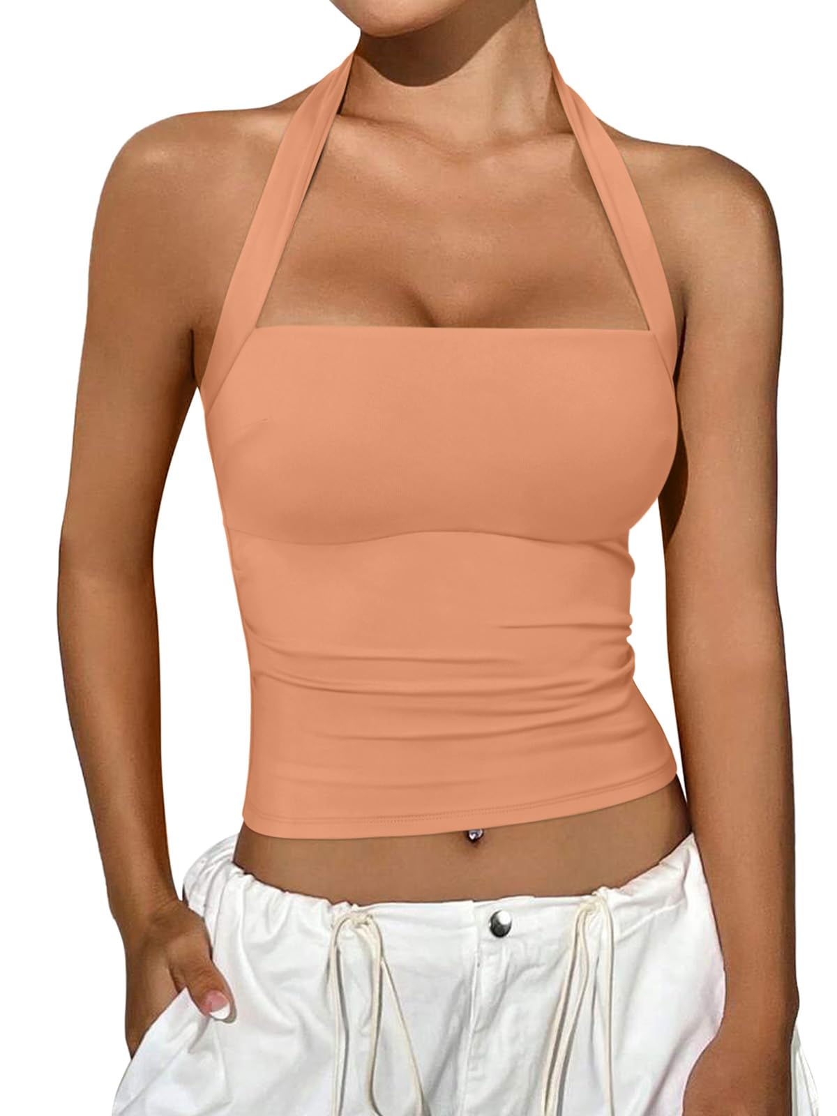 REORIA Halter Tops for Women Summer Sleeveless Going Out Outfits Y2K Trendy Cute Crop Tank Top Clothes