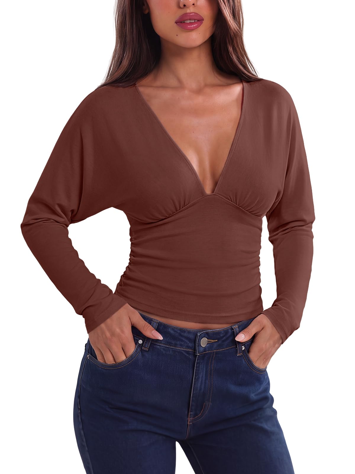 V Neck Ruched Batwing Sleeve Slim Fit Top