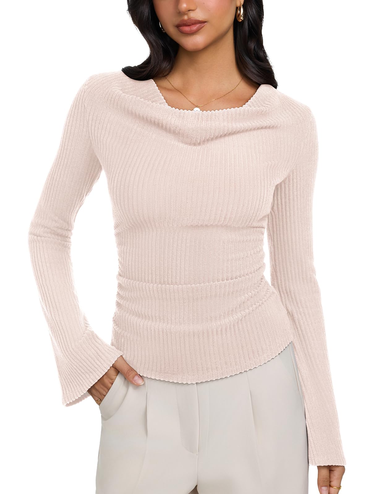 Cowl Neck Ribbed Knit Bell Sleeve Top