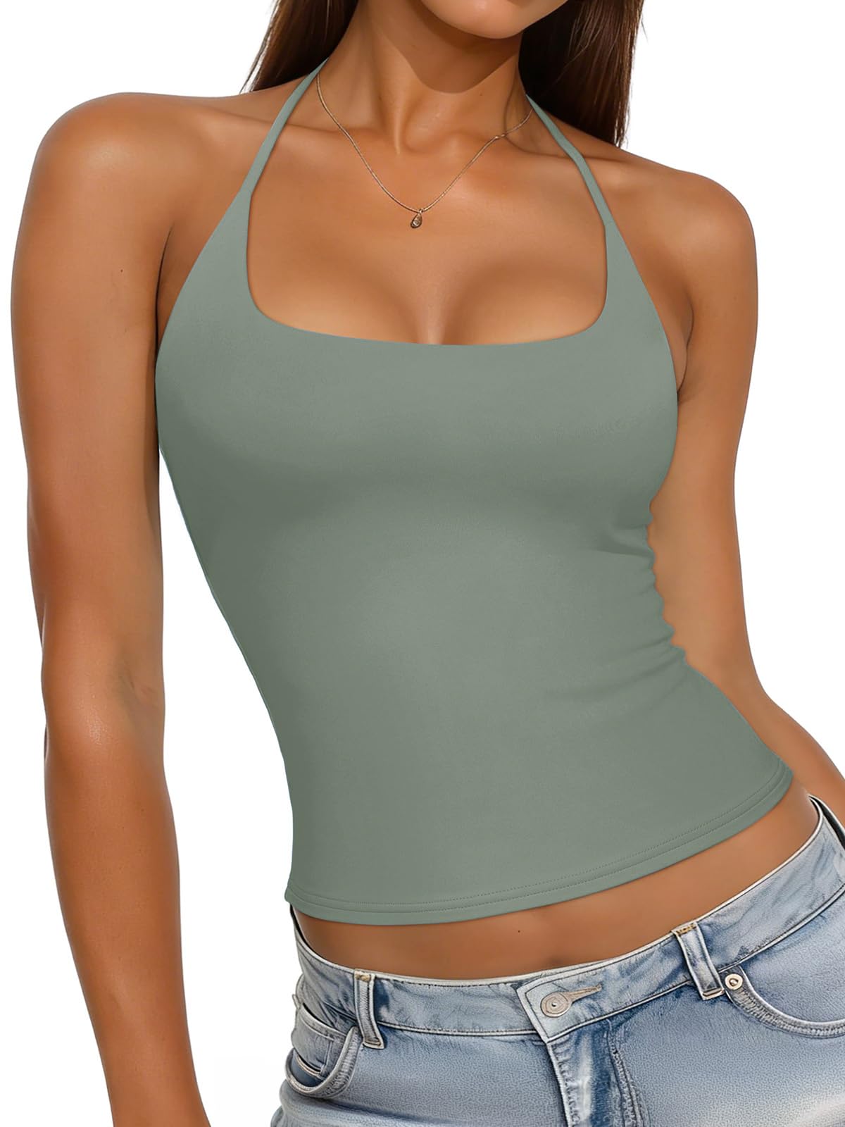 REORIA Womens Sexy Halter Backless Tank Tops Basic Double Lined Camisole Crop Tops Y2K Trendy Sleeveless Shirts Going Out Top