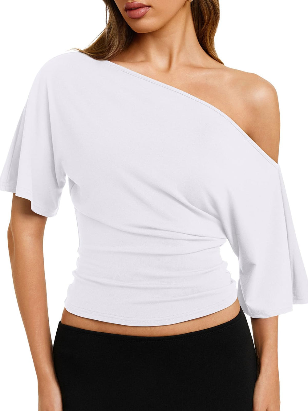 REORIA Womens Off The Shoulder Tops Dolman Sleeve Tee Shirts Banded Cinched Waist Casual Loose Summer Outfits 2026