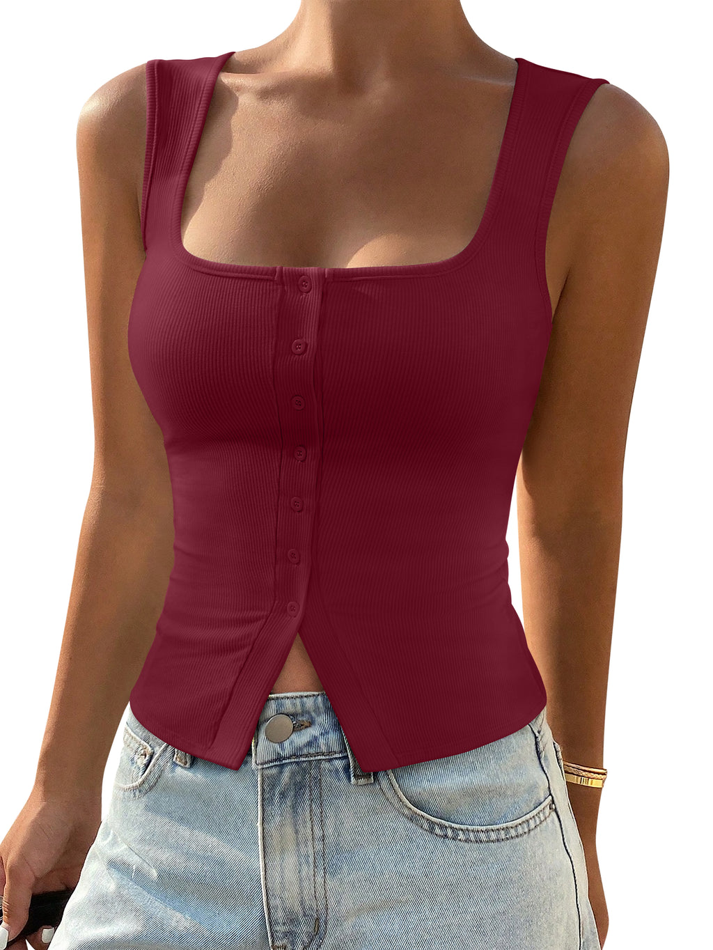 Cute Ribbed Button Down Square Neck Vest Tank Top