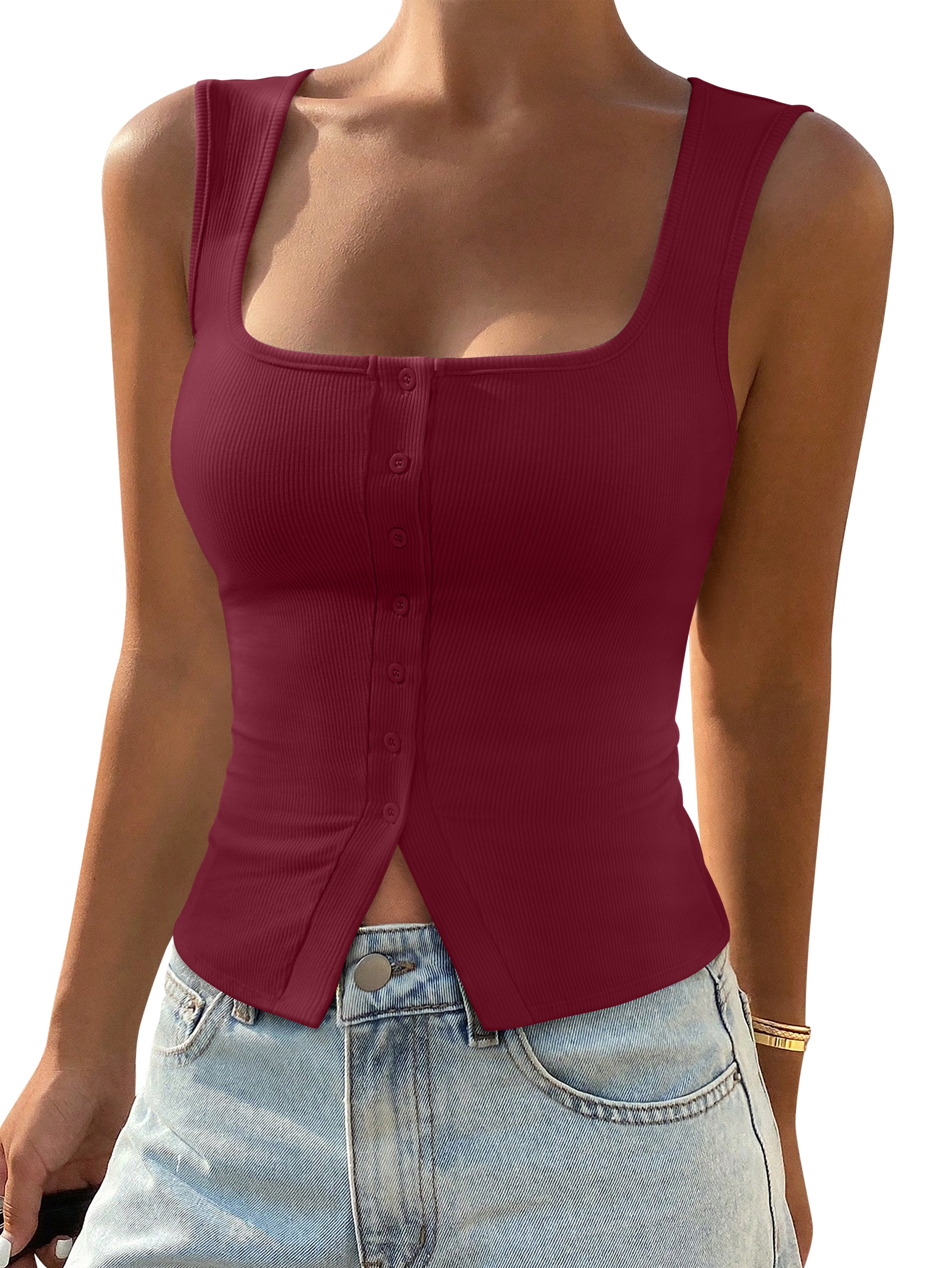 Cute Ribbed Button Down Square Neck Vest Tank Top