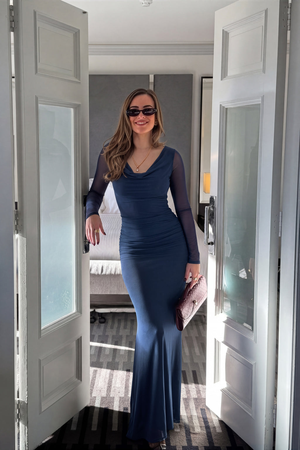 Cowl Neck Sheer Mesh Long Sleeve Ruched Maxi Dress