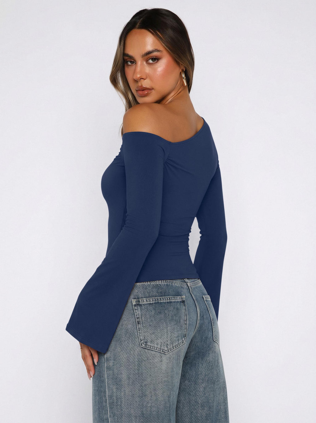 Off Shoulder Bell Sleeve Double Lined Slim Fit Top