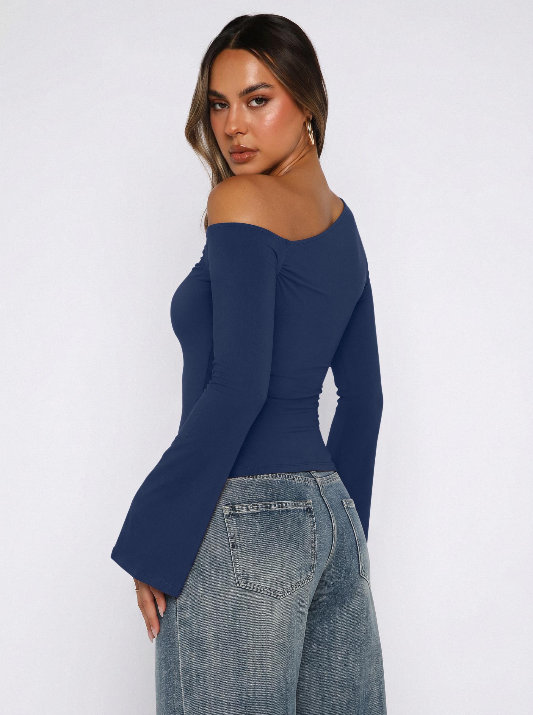 Off Shoulder Bell Sleeve Double Lined Slim Fit Top