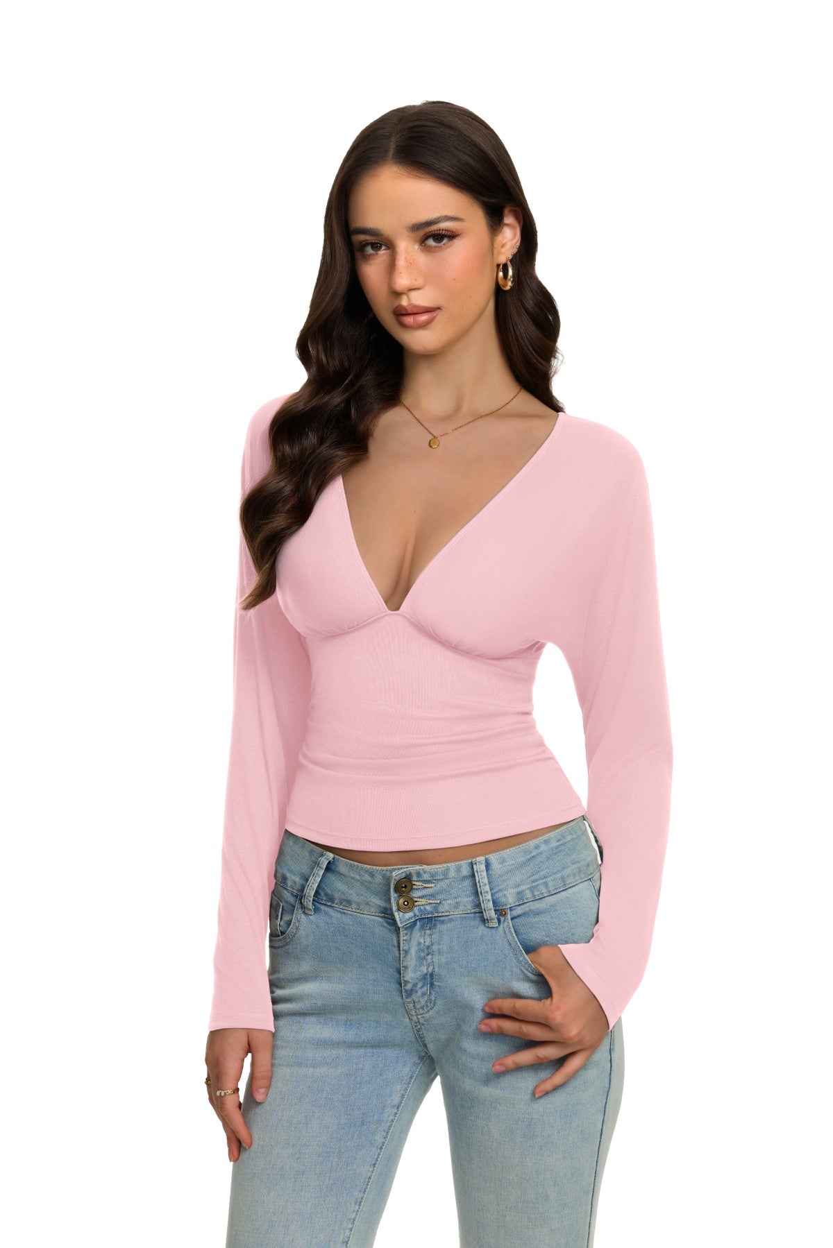 V Neck Ruched Batwing Sleeve Slim Fit Top