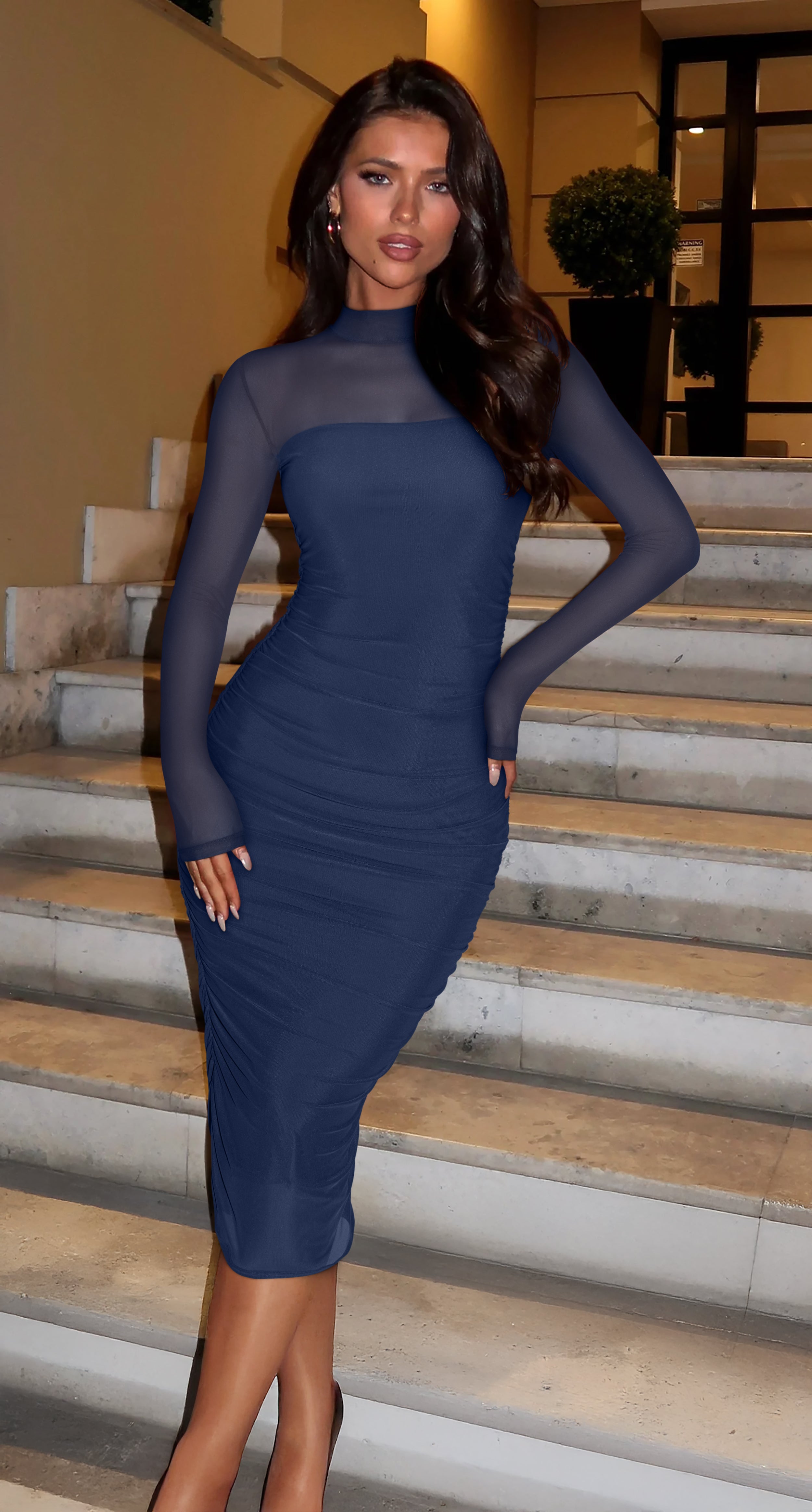 blue ruched dress long sleeve Bardot Liyana Ruched Mesh Dress in Dusty Blue