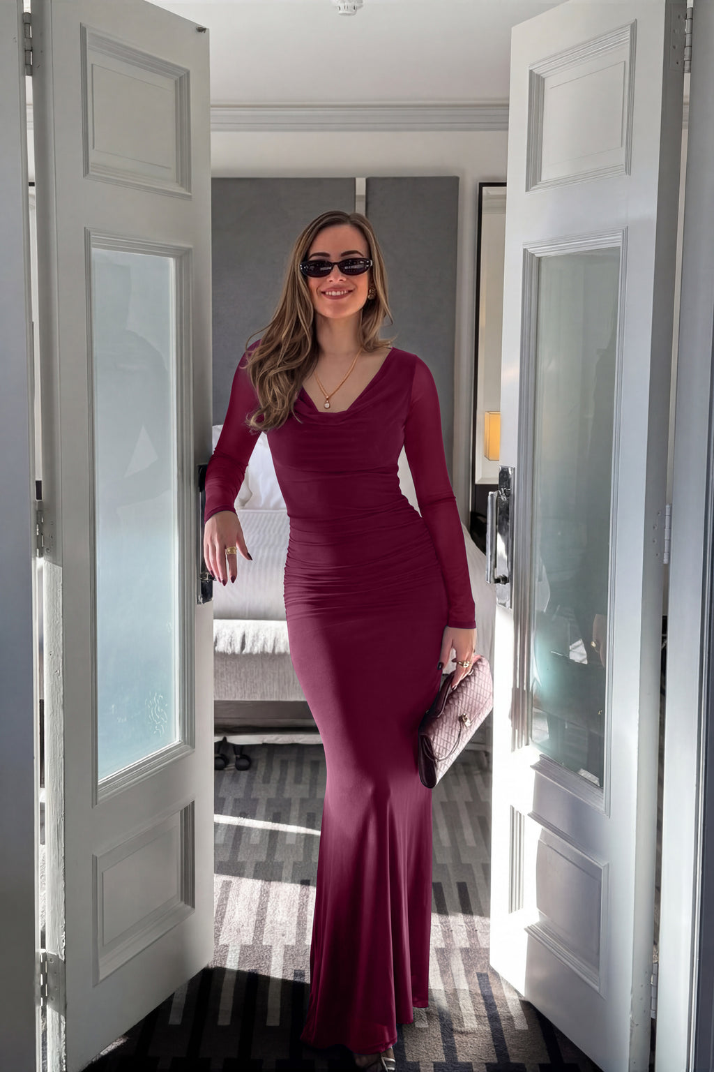 Cowl Neck Sheer Mesh Long Sleeve Ruched Maxi Dress