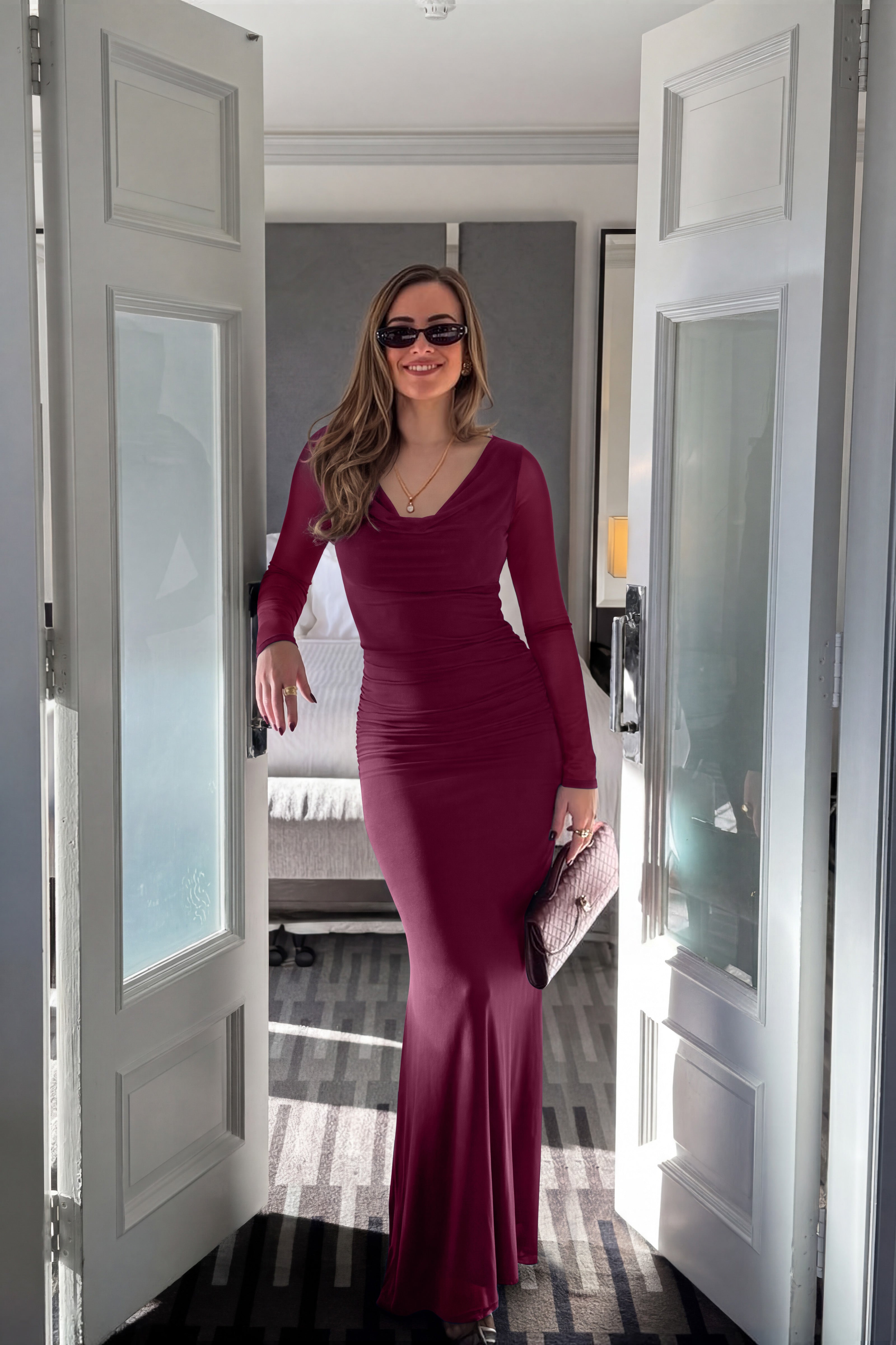 Cowl Neck Sheer Mesh Long Sleeve Ruched Maxi Dress