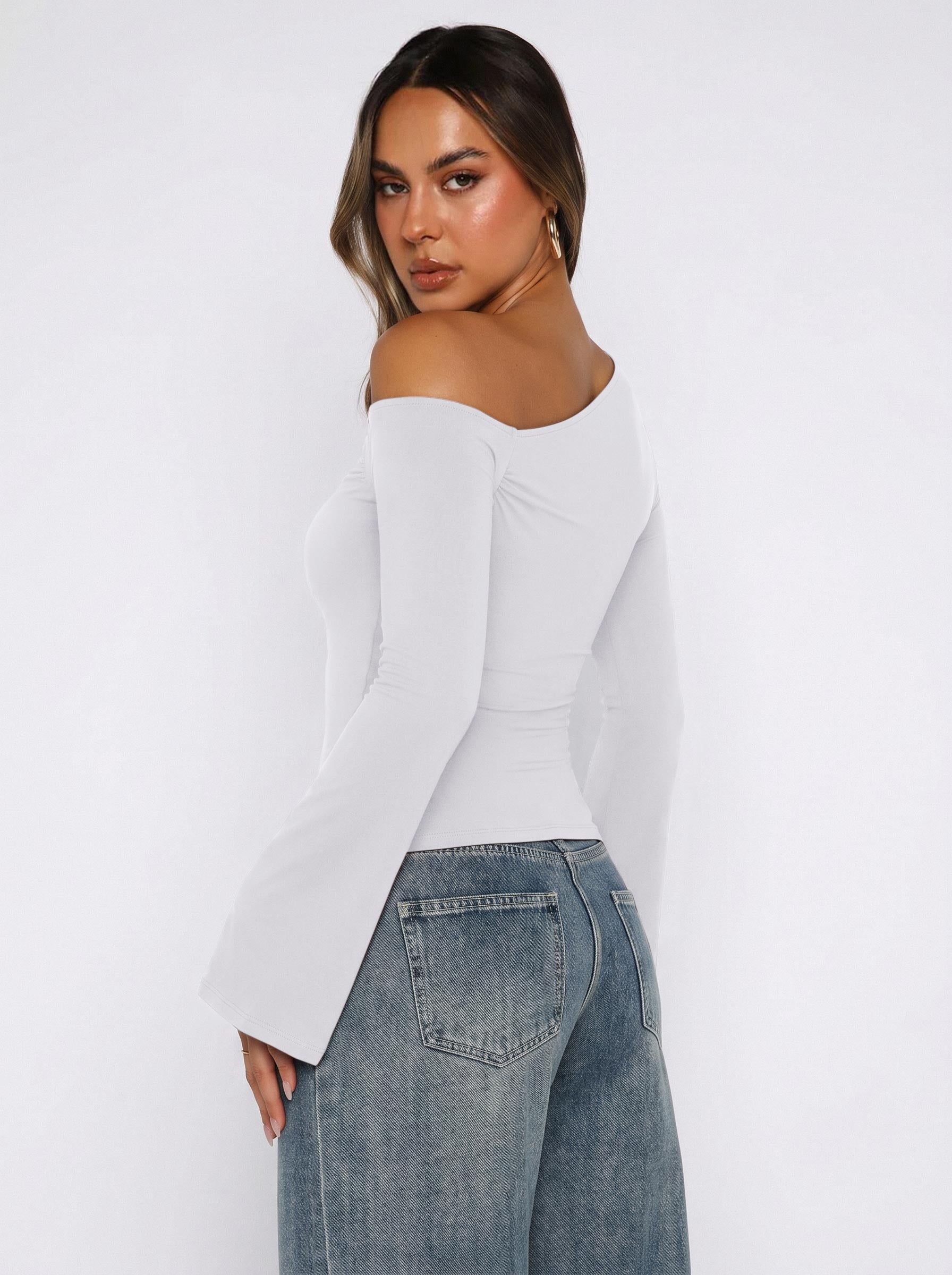 Off Shoulder Bell Sleeve Double Lined Slim Fit Top