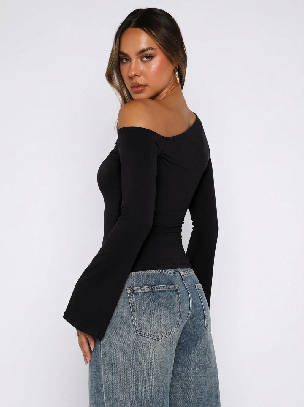 Off Shoulder Bell Sleeve Double Lined Slim Fit Top